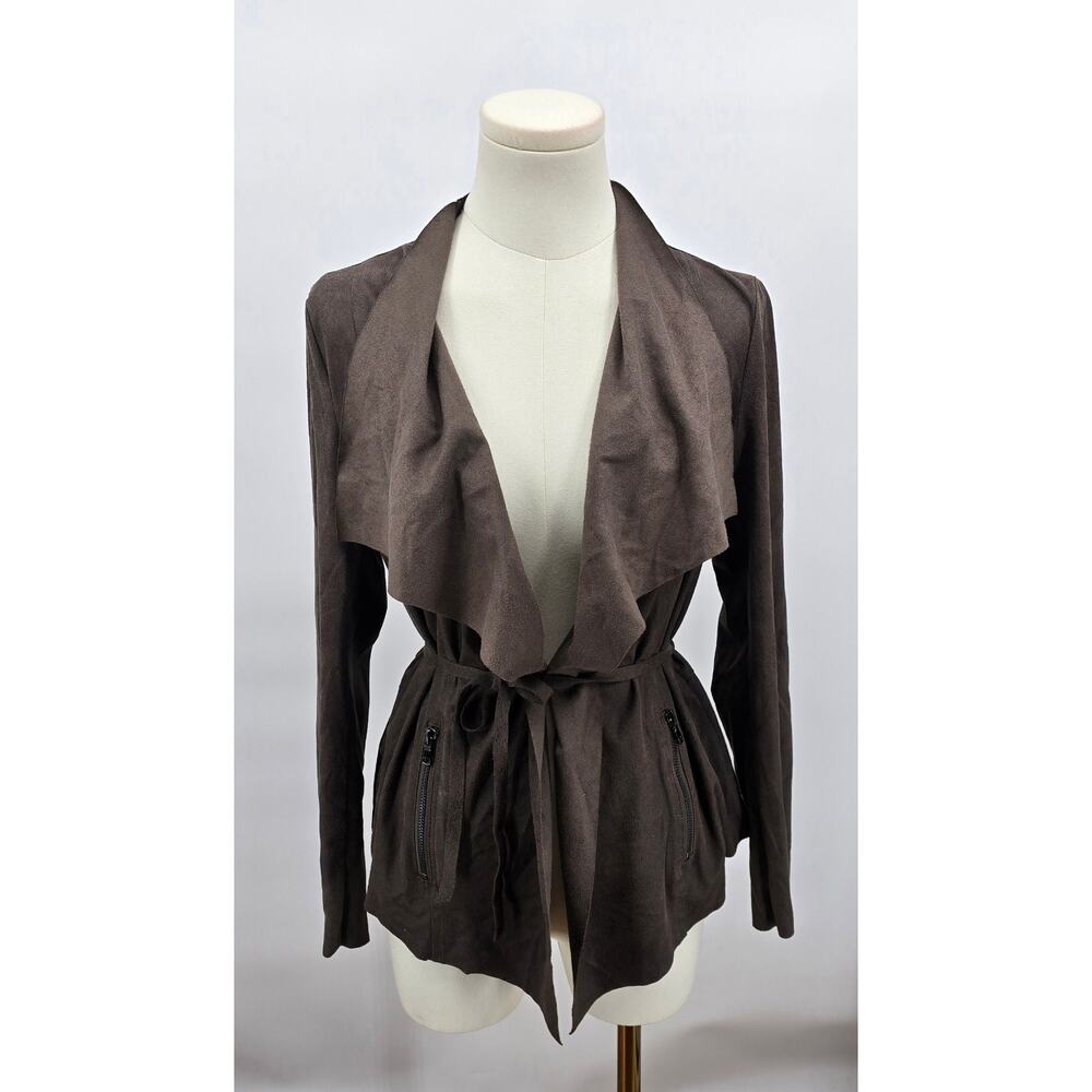 Elan Mocha Faux Suede Waterfall Jacket Belted‎ Drape Front Minimalist Small